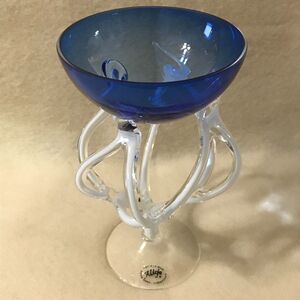 Alicja Blue Cage Art Glass Coupe Champagne Wine Blue and White 7"